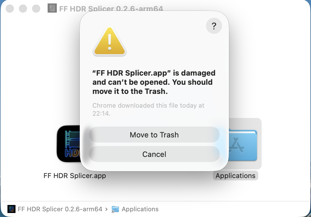 &ldquo;FF HDR Splicer.app&rdquo; is damaged and can&rsquo;t be opened. You should move it to the Trash.